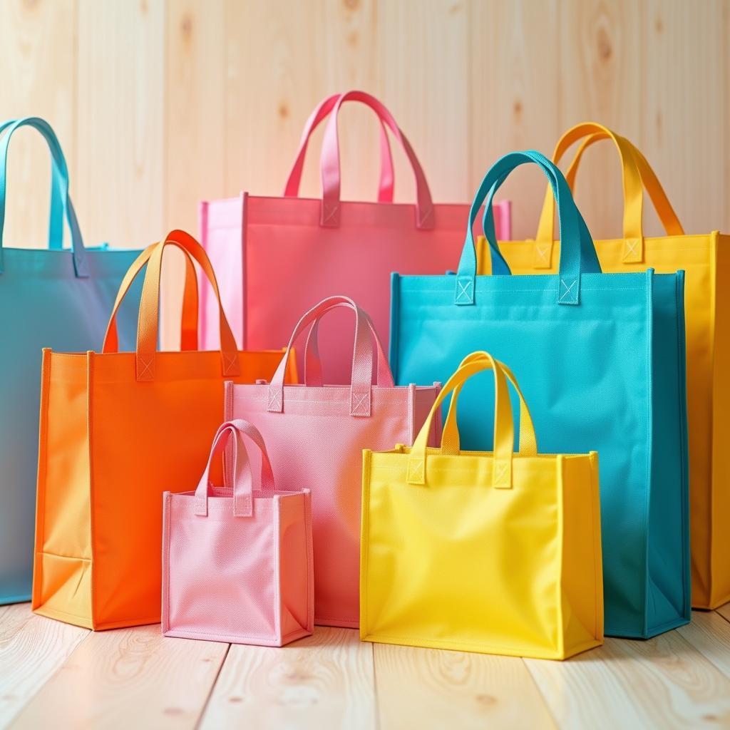 Hình ảnh các loại túi vải không dệt nhiều màu sắc và kiểu dáng đang được sử dụng để mua sắm thân thiện với môi trường.