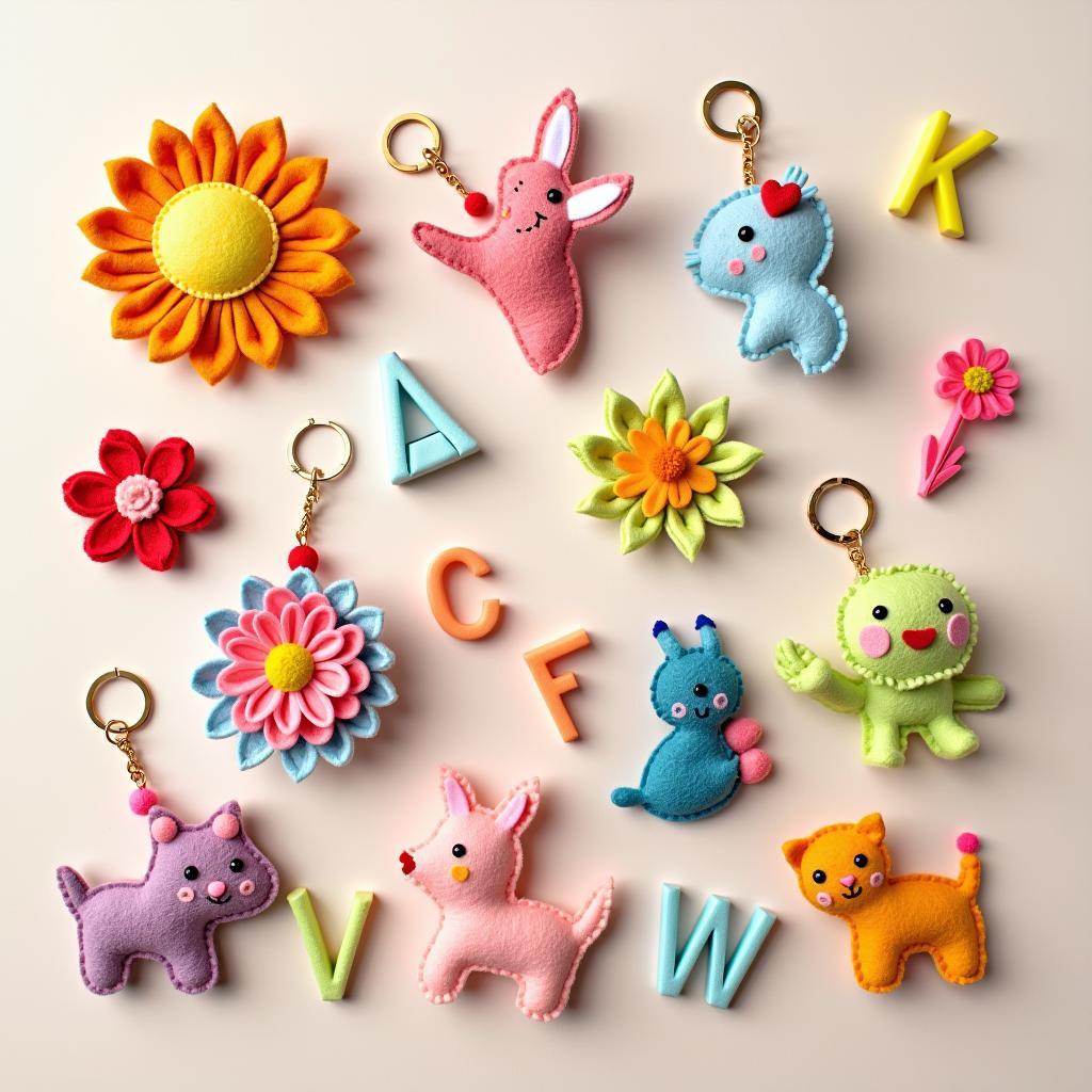 Các sản phẩm thủ công handmade đa dạng và nhiều màu sắc được làm từ vải felt như móc khóa, đồ chơi, hoa vải.