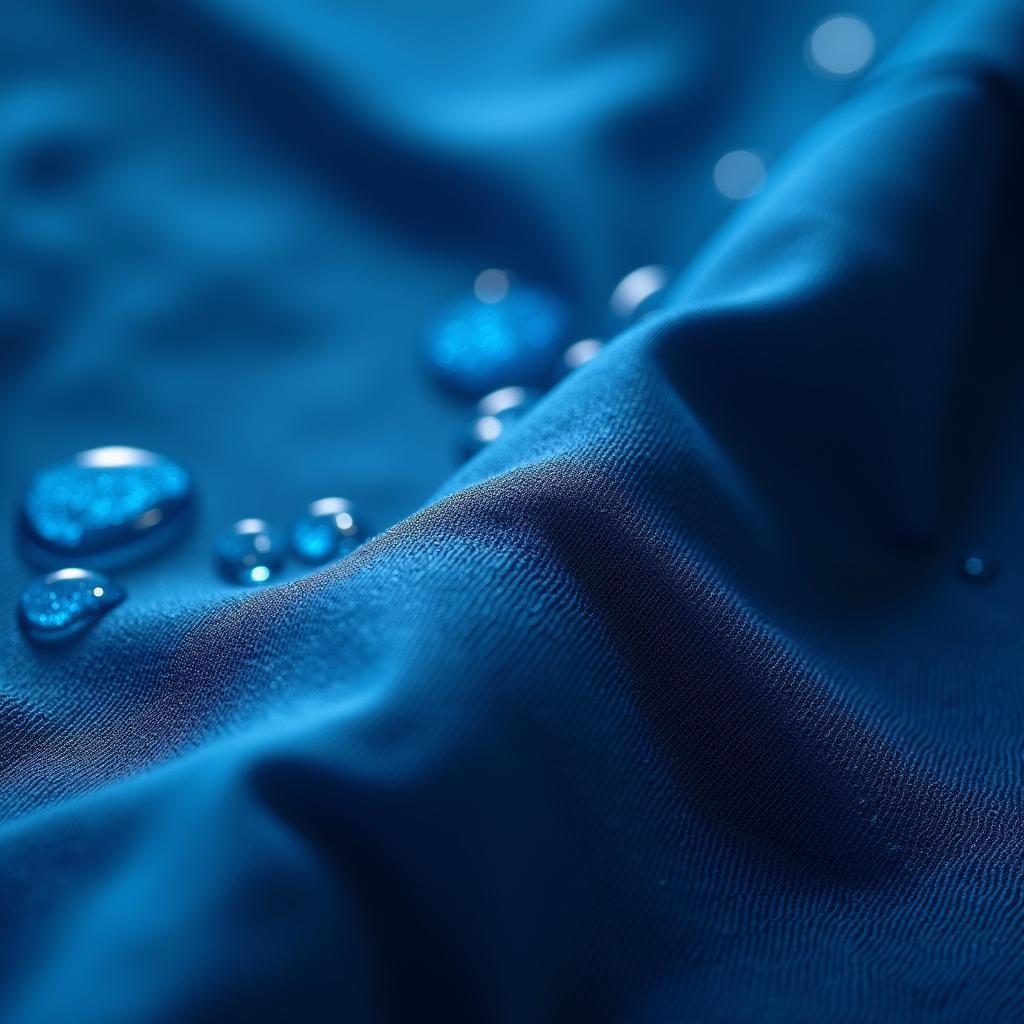 Cận cảnh bề mặt một tấm vải dù màu xanh navy đang chống lại những giọt nước, chứng minh khả năng chống thấm tuyệt vời của nó.
