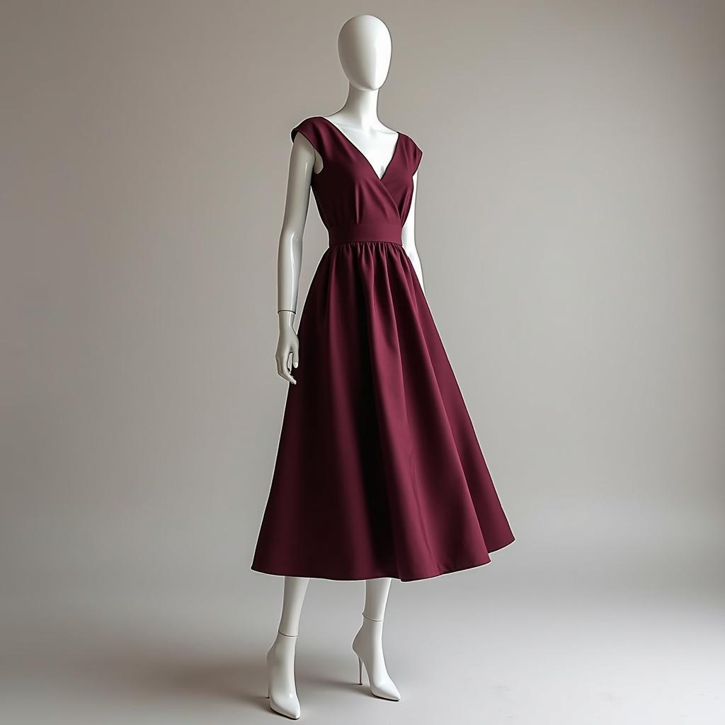 Người mẫu mặc một chiếc đầm suông thanh lịch may từ chất liệu vải trứng, tôn lên độ rủ và phom dáng đẹp của vải.