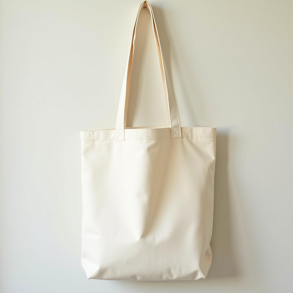 Cận cảnh một chiếc túi vải canvas màu trắng kem với thiết kế tối giản, thể hiện rõ độ bền và tính thời trang của chất liệu.