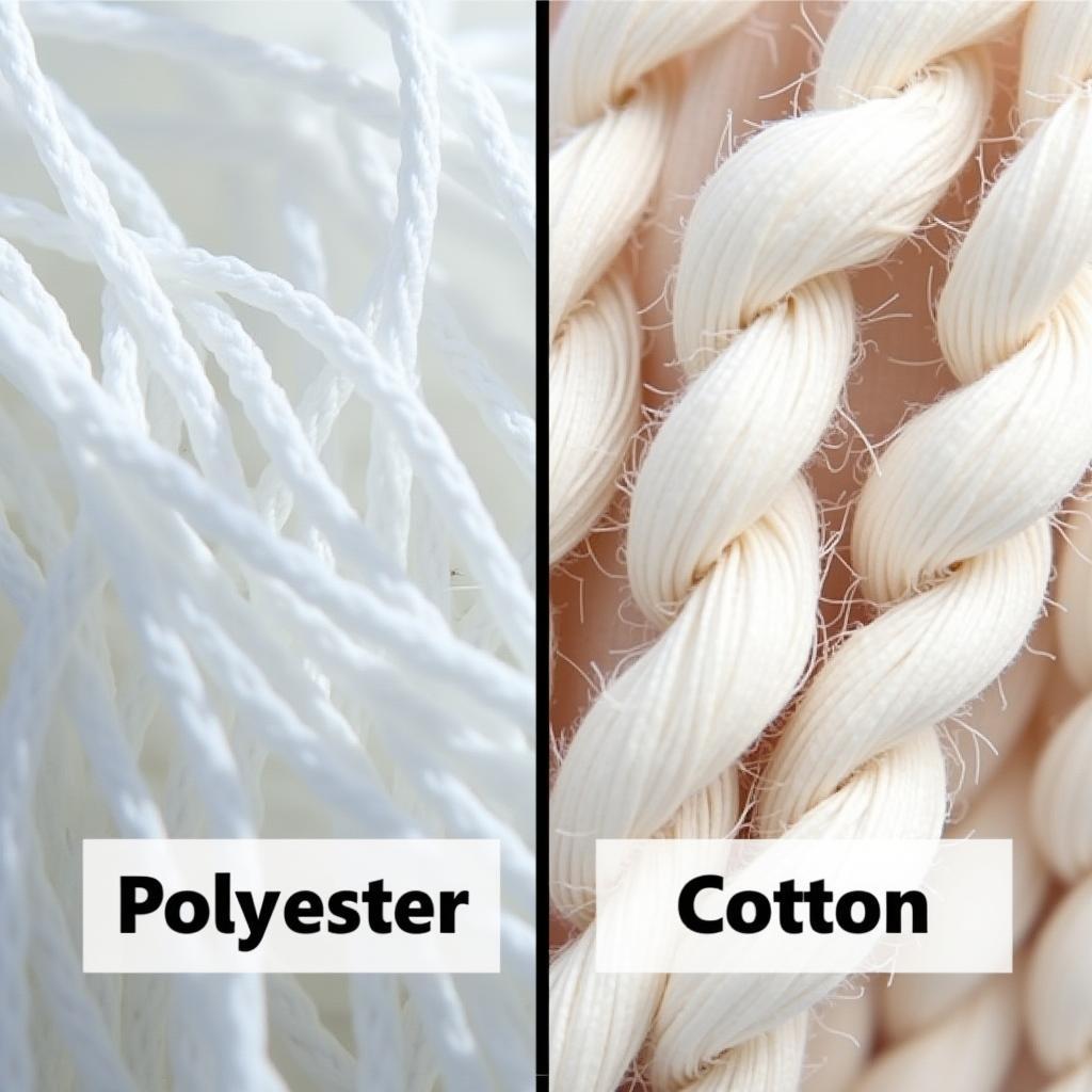 So sánh chi tiết cấu trúc sợi vải polyester (bên trái) và vải cotton (bên phải) để làm rõ câu hỏi vải polyester có mát không.