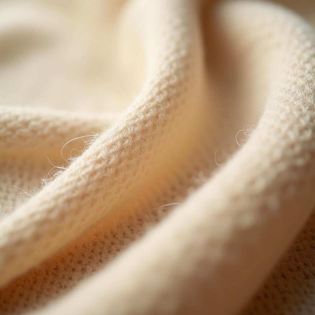 Cận cảnh sợi vải cashmere cao cấp với cấu trúc siêu mềm mịn và sang trọng, thể hiện rõ đặc tính của loại len quý hiếm này.