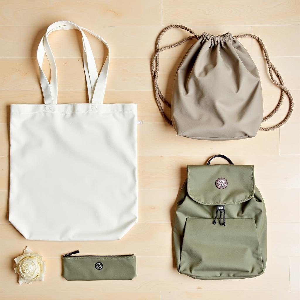 Bộ sưu tập các loại túi vải canvas với nhiều kiểu dáng và họa tiết khác nhau, minh họa cho ứng dụng đa dạng trong cuộc sống.