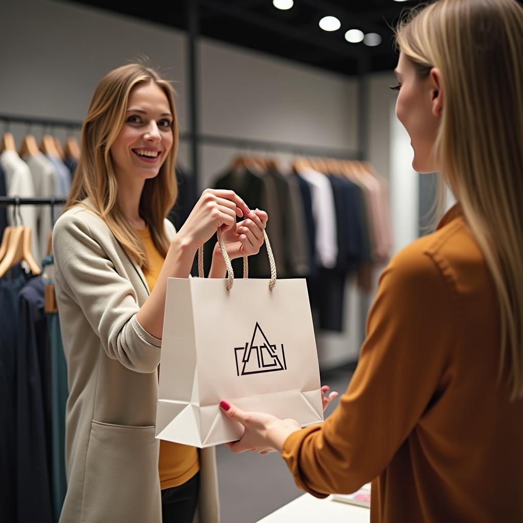 Hình ảnh túi vải không dệt được sử dụng làm túi đựng hàng cho khách tại một cửa hàng thời trang hiện đại, thể hiện tính ứng dụng cao.