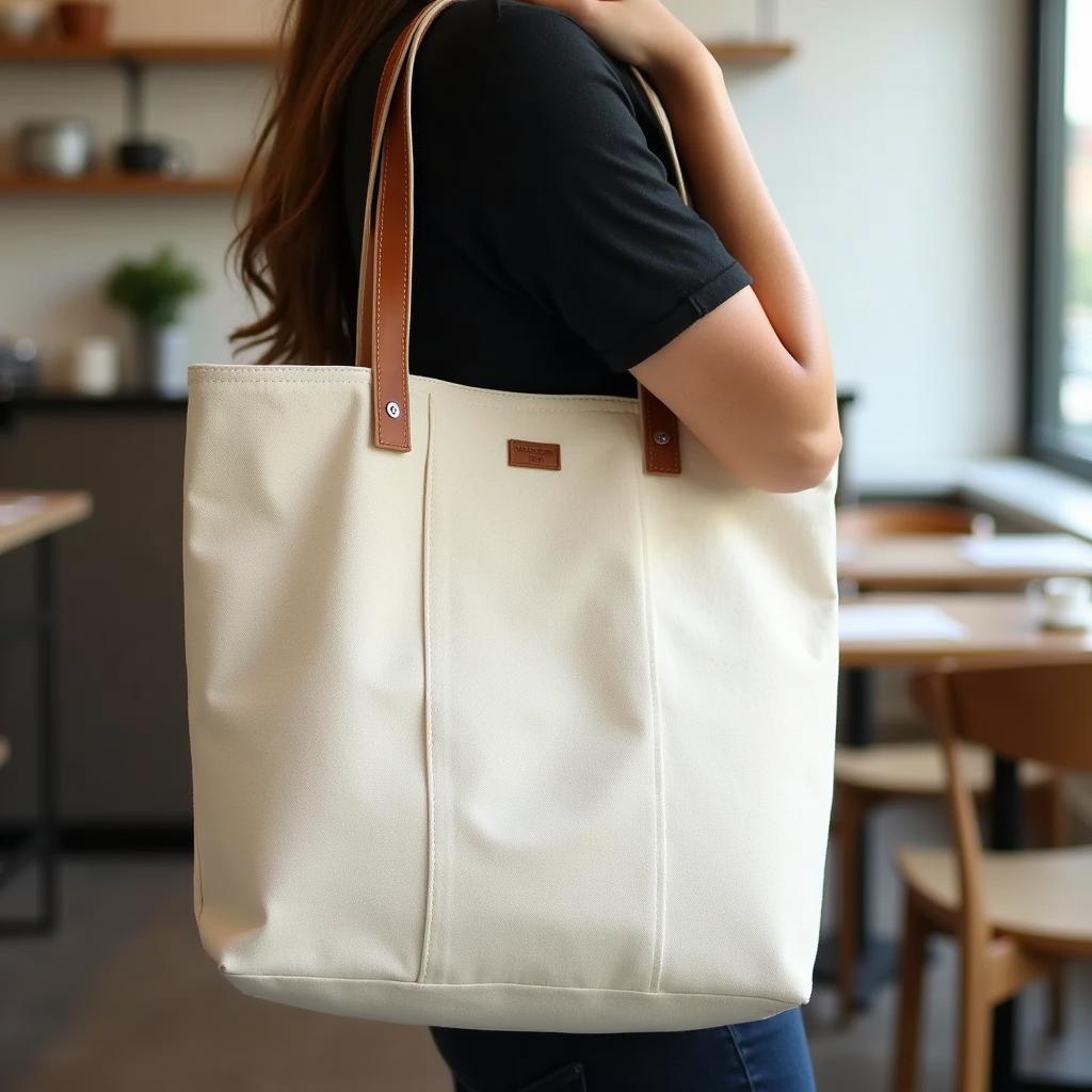 Mẫu túi tote thời trang làm từ vải bố màu be, minh họa cho ứng dụng phổ biến và tính thẩm mỹ của chất liệu canvas.