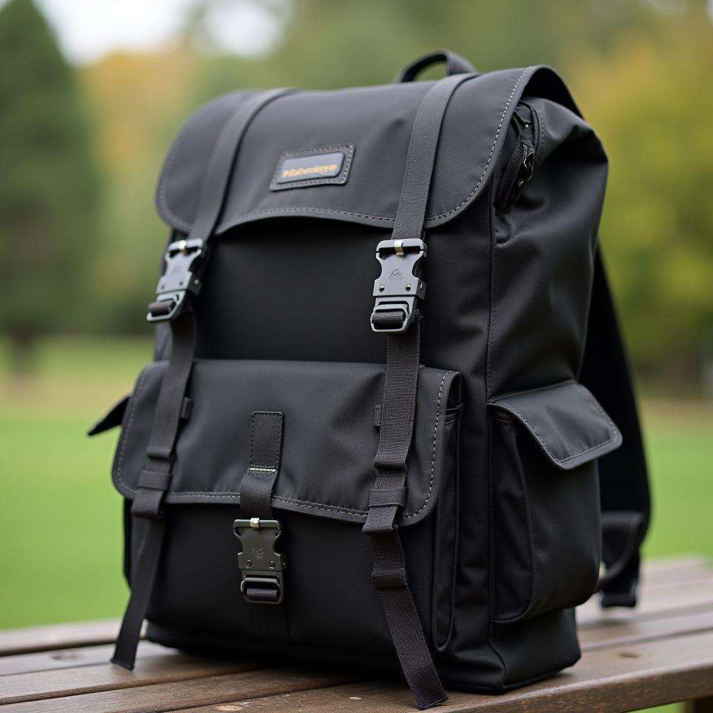 Một chiếc balo du lịch màu đen được làm từ chất liệu vải dù cao cấp, đặt trên ghế gỗ ngoài trời thể hiện sự bền bỉ.