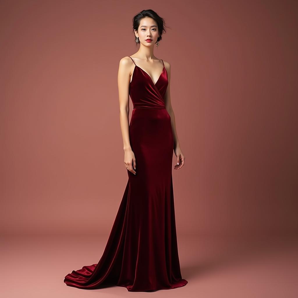 ứng dụng của vải nhung trong thiết kế thời trang cao cấp với một chiếc váy dạ hội sang trọng