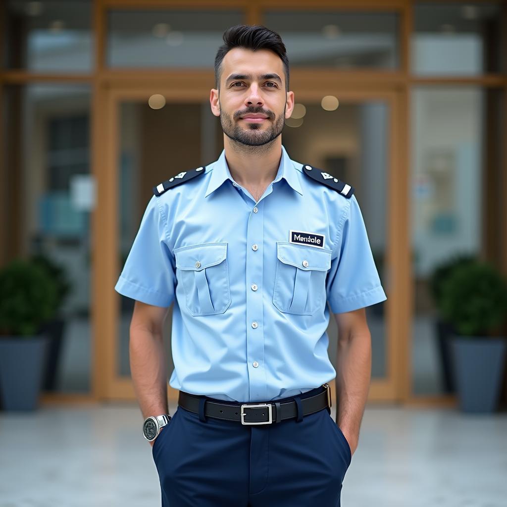 Mẫu đồng phục bảo vệ chuyên nghiệp Mende với áo sơ mi xanh và quần tây đen