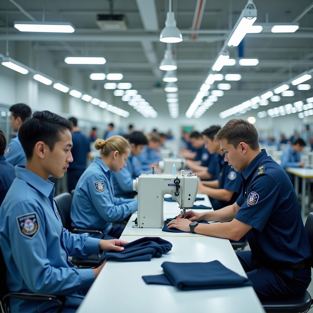 Xưởng may đồng phục bảo vệ Mende hiện đại với dây chuyền sản xuất chuyên nghiệp