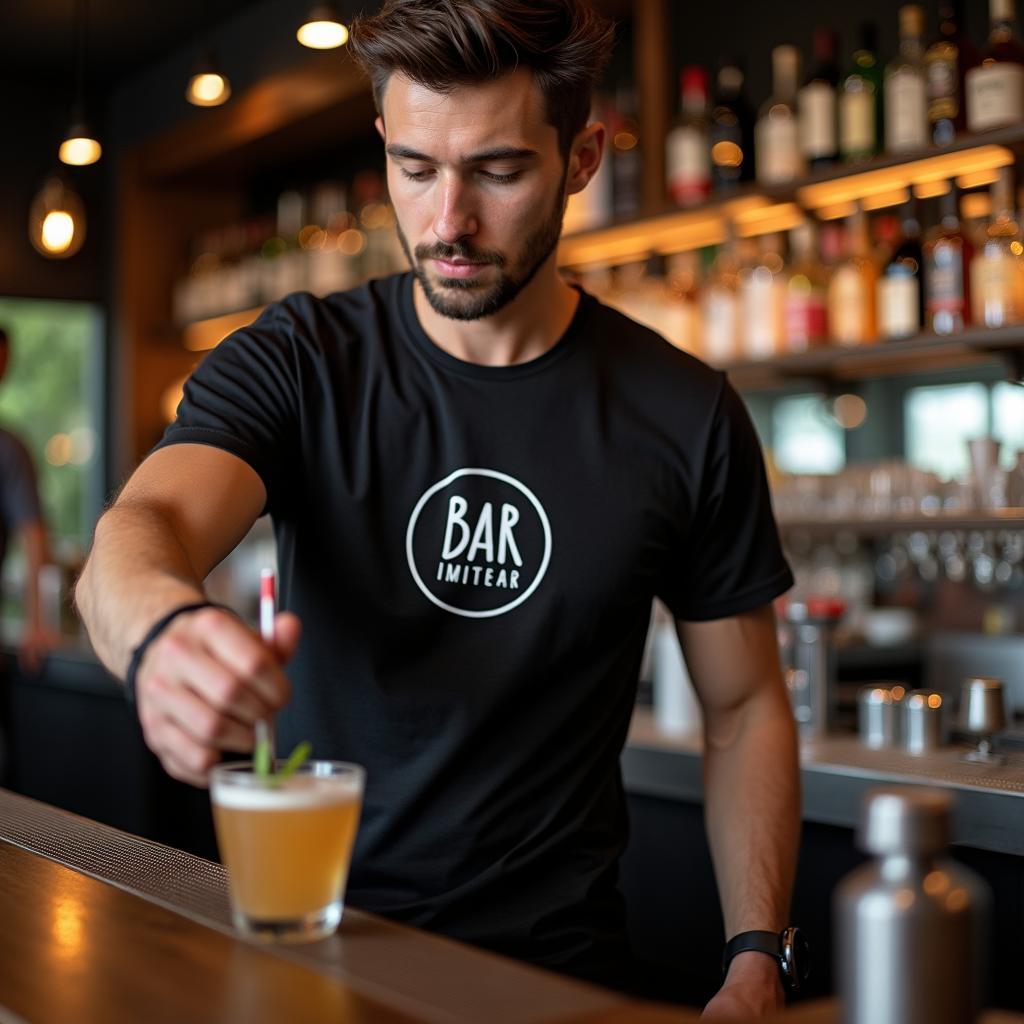 Dong phục bartender áo thun đen in logo quán bar chuyên nghiệp
