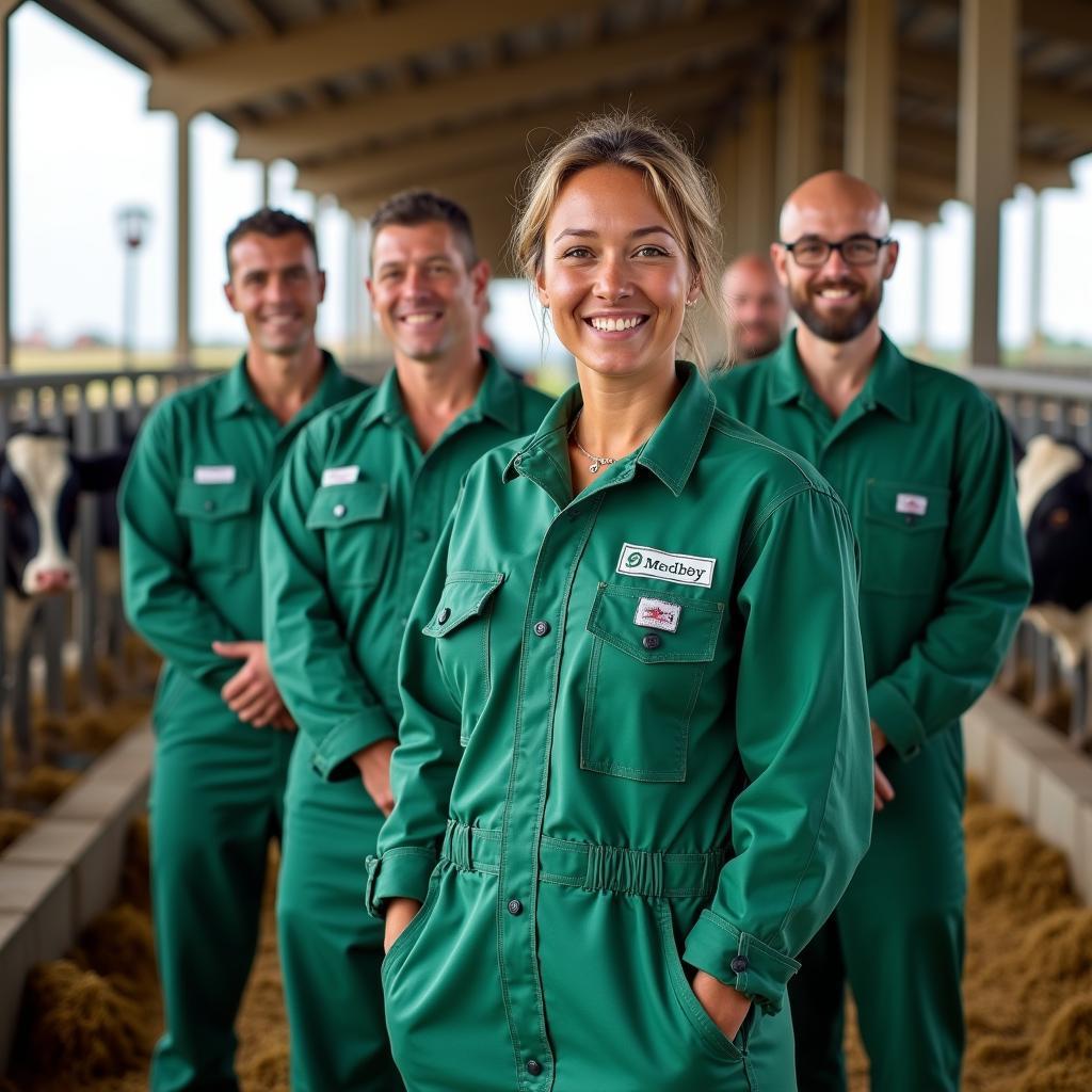 Dong phuc Mende khach hang Vinamilk trang trai bo sua, ao lien quan xanh