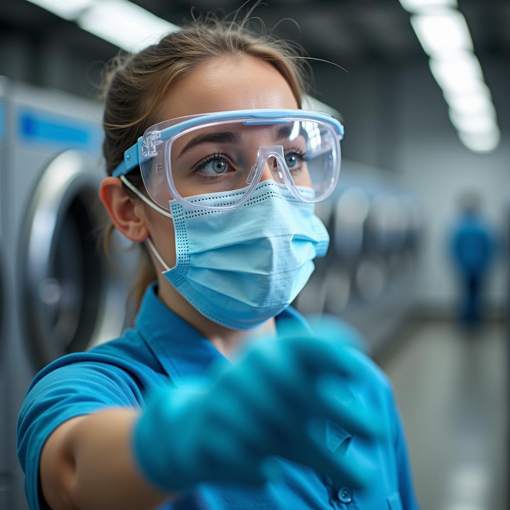 găng tay khẩu trang kính bảo hộ trong môi trường giặt ủi chuyên nghiệp