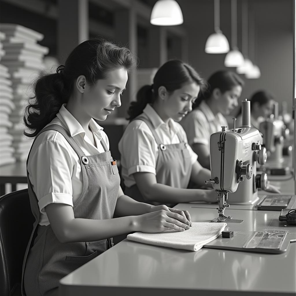 Xuong may Mende dong phuc trang trai bo sua, cong nhan dang may ao